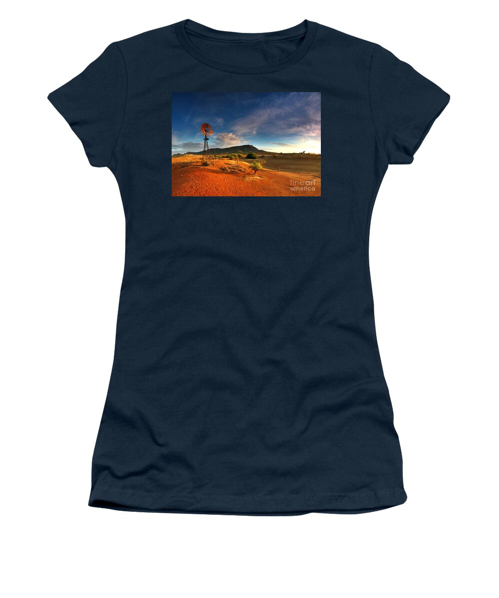 First Light Early Morning Windmill Dam Rawnsley Bluff Wilpena Pound Flinders Ranges South Australia Australian Landscape Landscapes Outback Red Earth Blue Sky Dry Arid Harsh Women's T-Shirt featuring the photograph First Light on Wilpena Pound by Bill Robinson