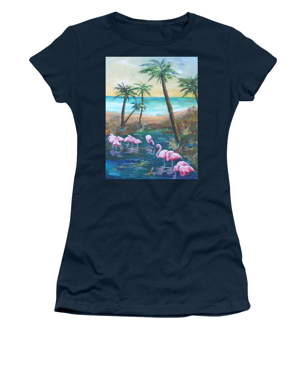 Gail Daley Women's T-Shirt featuring the painting Flamingo Beach by Gail Daley