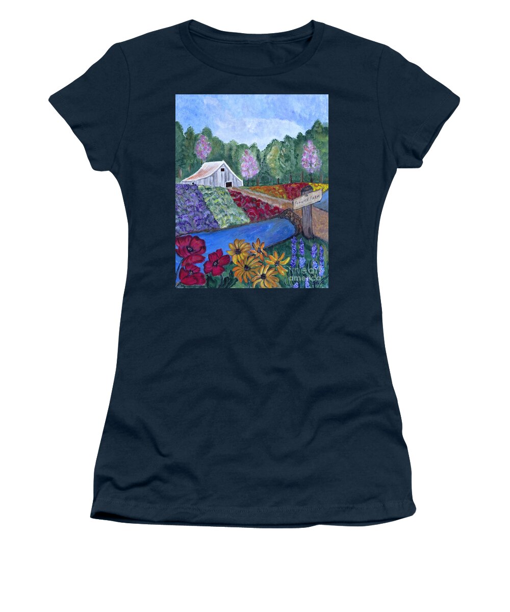 Landscape Women's T-Shirt featuring the painting Flower Farm -Poppies Daisies Lavender Whimsical Painting by Ella Kaye Dickey