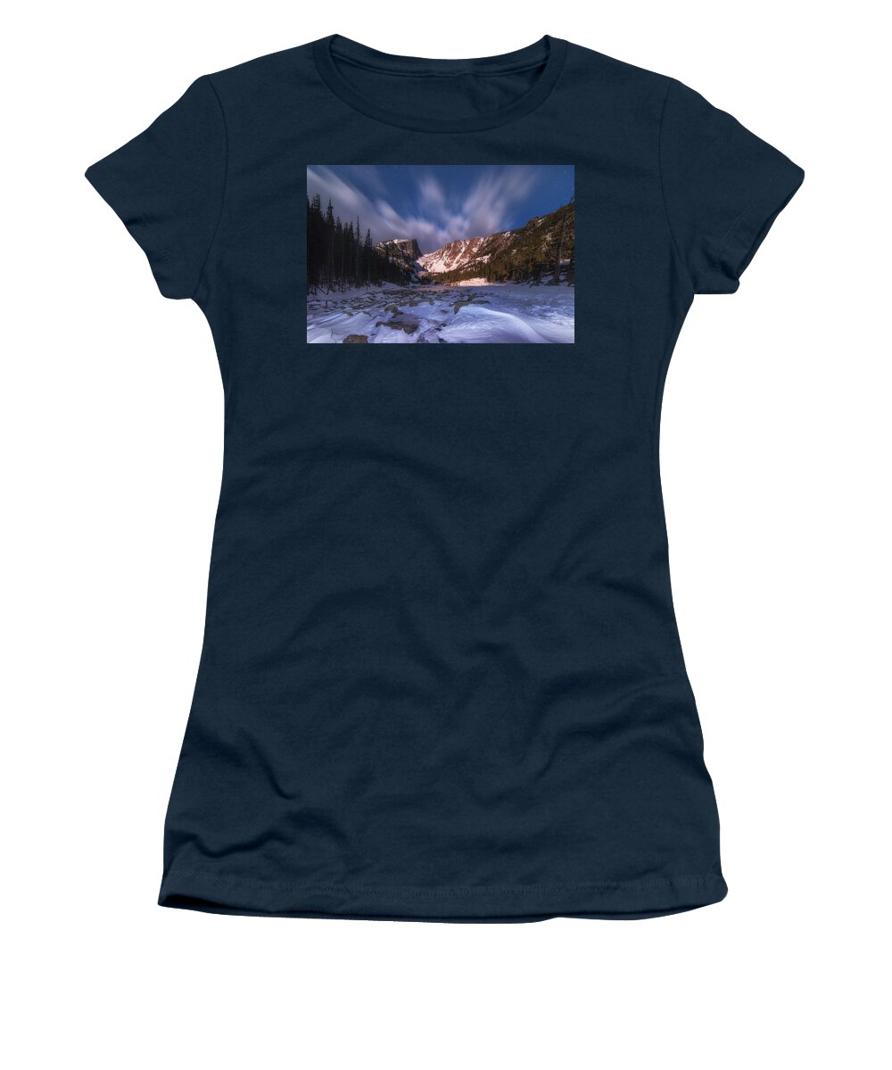 Rocky Mountain National Park Women's T-Shirt featuring the photograph Flying Clouds over Dream Lake by Darren White