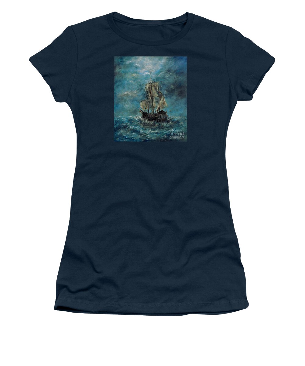 Ship Women's T-Shirt featuring the painting Flying Dutchman by Arturas Slapsys