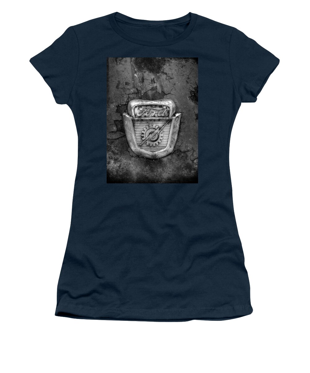 Ford Women's T-Shirt featuring the photograph Ford Gear and Lightning in Black and White by Greg and Chrystal Mimbs