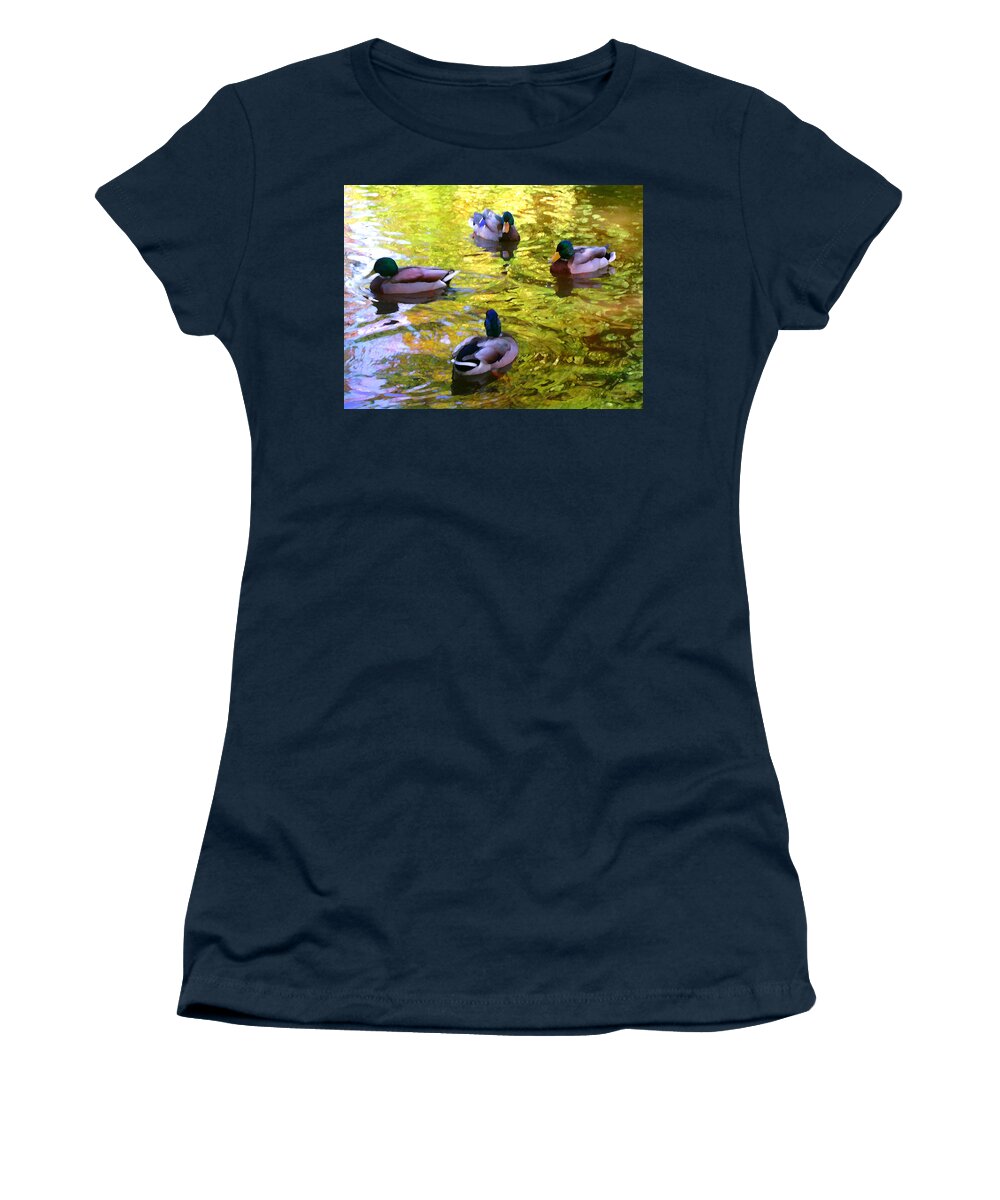 Landscape Women's T-Shirt featuring the painting Four Ducks on Pond by Amy Vangsgard
