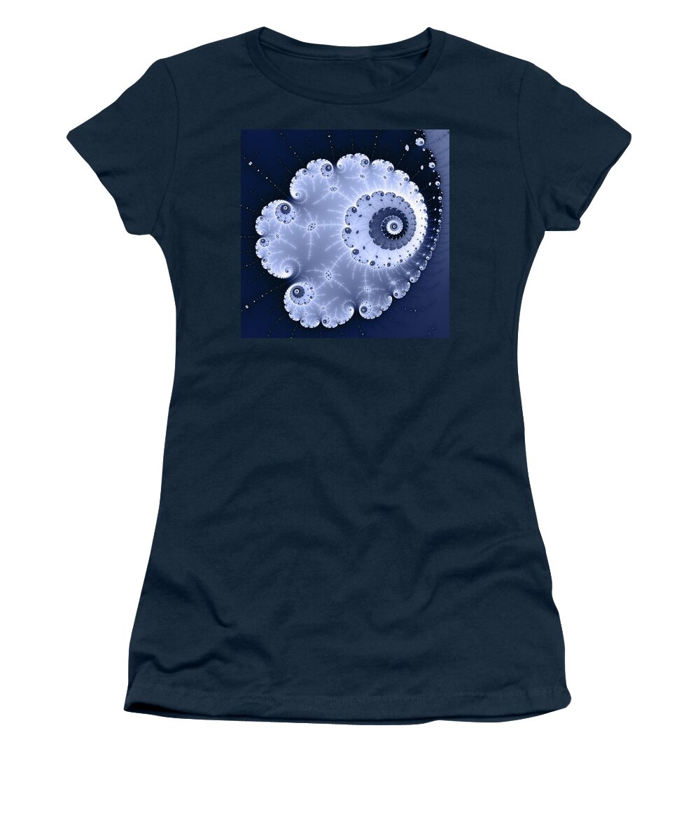 Blue Women's T-Shirt featuring the digital art Fractal spiral light and dark blue colors by Matthias Hauser
