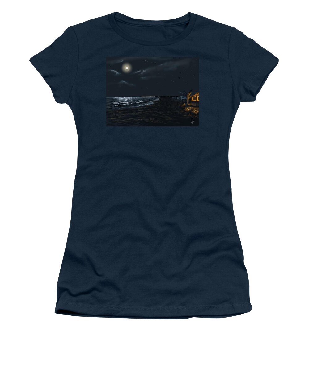 Sea Women's T-Shirt featuring the painting Full moon above the Mediterranean sea by Veronica Minozzi