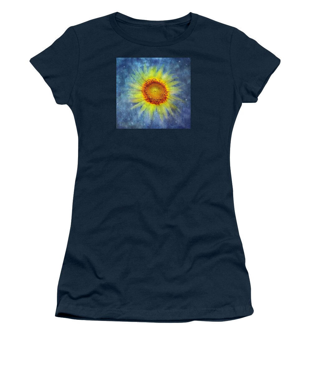 Yellow Sunflower Women's T-Shirt featuring the photograph Galactic Bloom by Marina Kojukhova