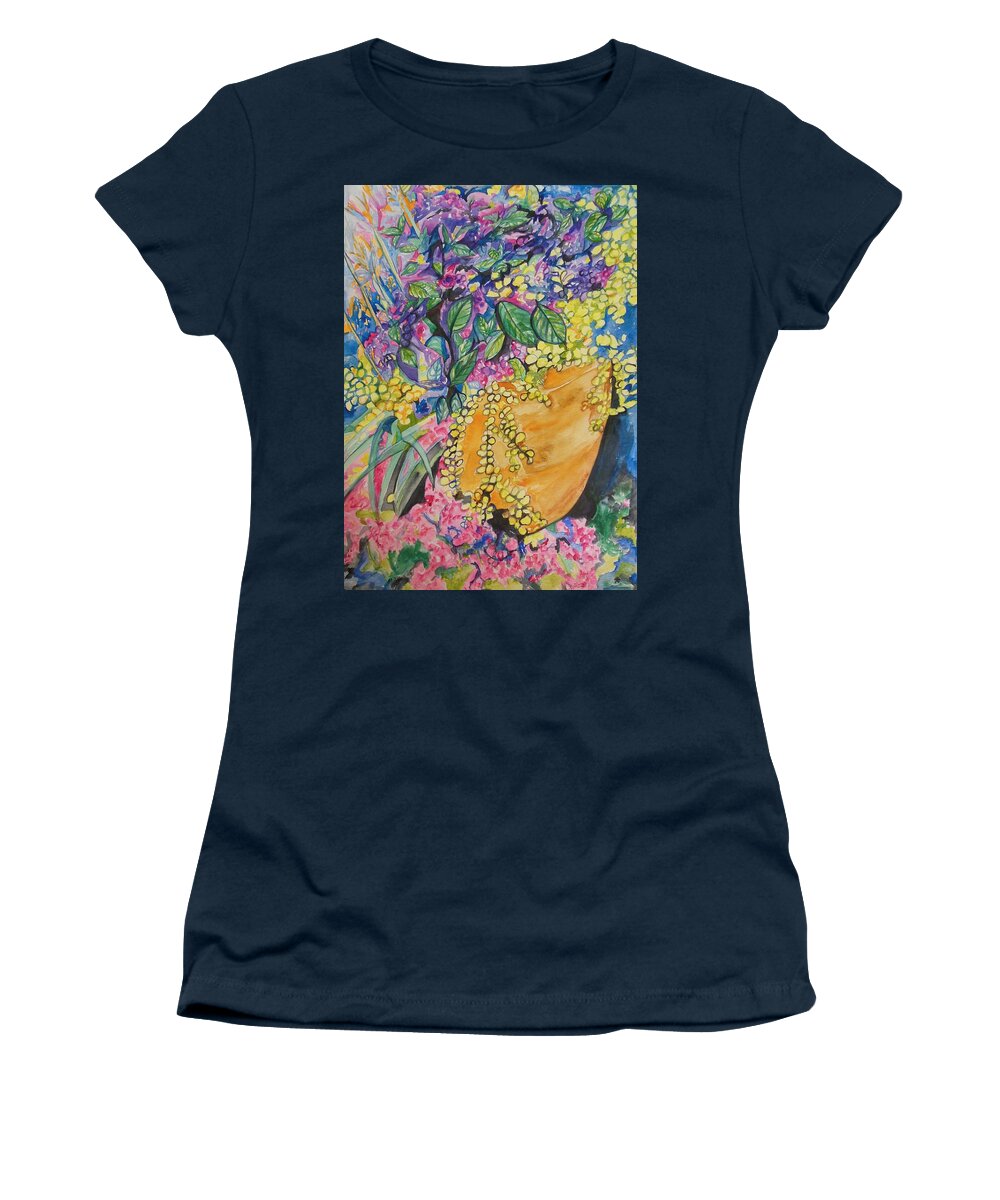 Garden Flowers In A Pot Women's T-Shirt featuring the painting Garden Flowers in a Pot by Esther Newman-Cohen
