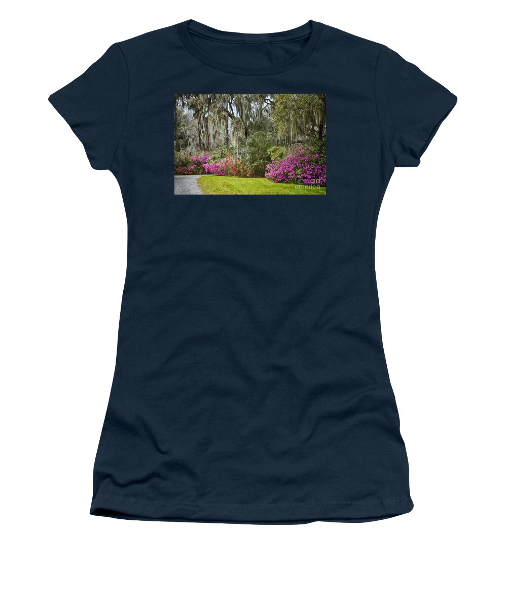 Azalea Women's T-Shirt featuring the photograph Garden Path Magnolia Plantation by Carrie Cranwill