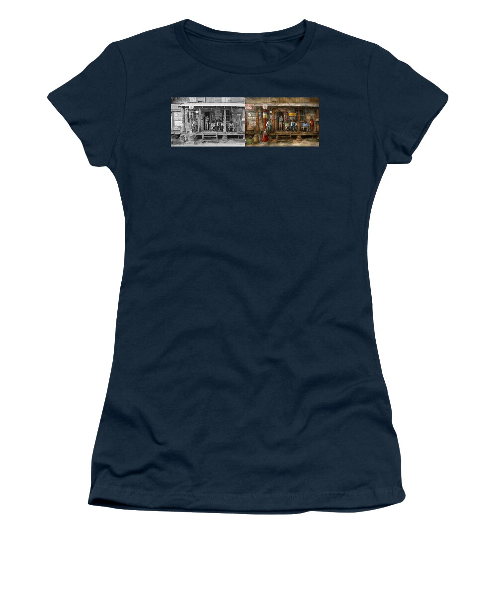 Self Women's T-Shirt featuring the photograph Gas Station - Sunday afternoon - 1939 - Side by side by Mike Savad