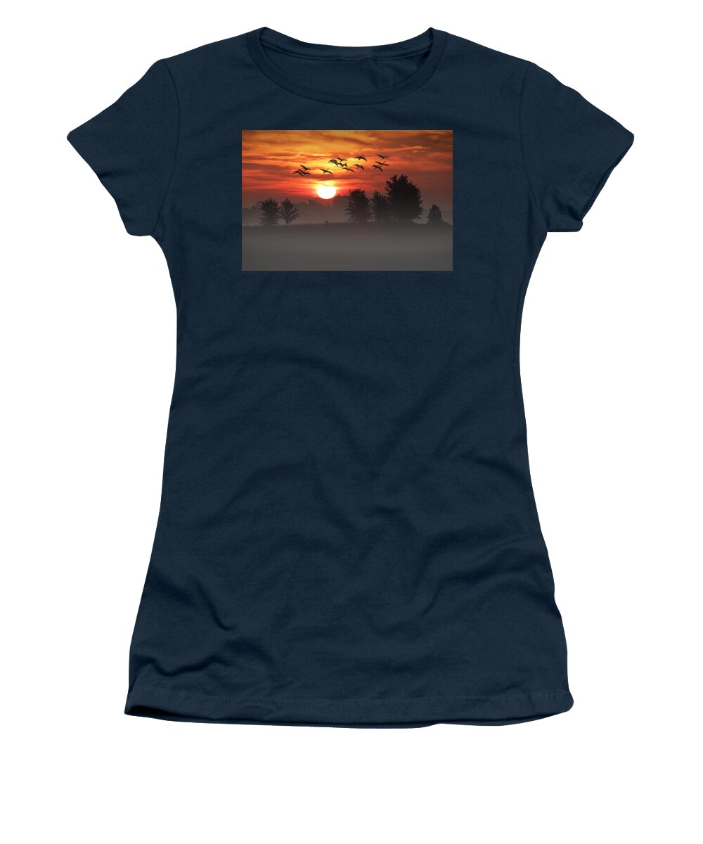 Art Women's T-Shirt featuring the photograph Geese on a Foggy Morning Sunrise by Randall Nyhof