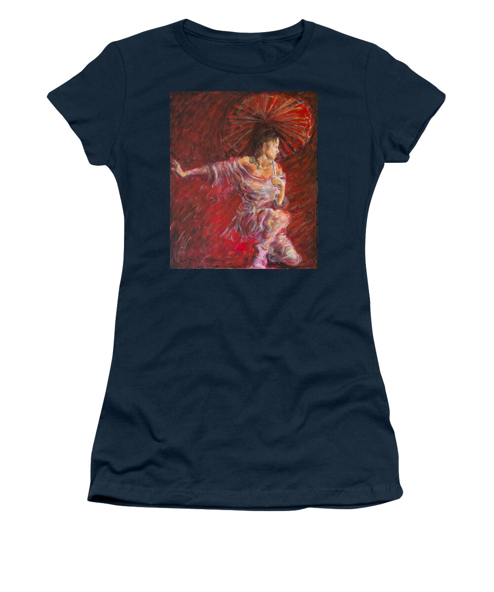 Geisha Women's T-Shirt featuring the painting Geisha Dance With Umbrella by Nik Helbig
