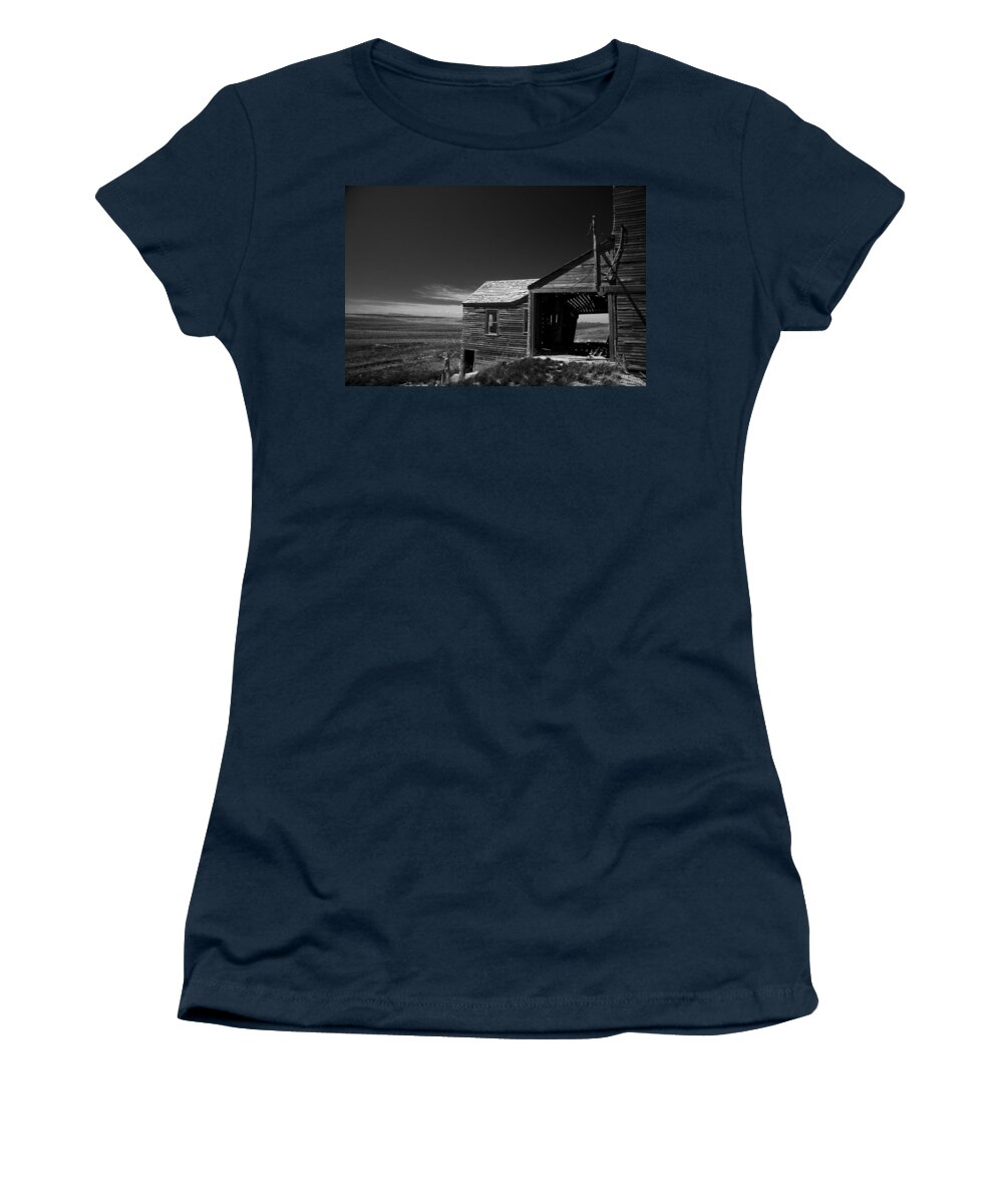 Okaton Sd Women's T-Shirt featuring the photograph Ghost Town Okaton SD in BW by Wayne Moran