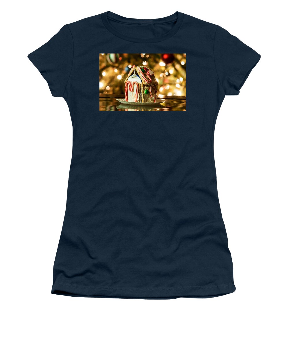 Cute Women's T-Shirt featuring the photograph Gingerbread house against a background of christmas tree lights by Alex Grichenko