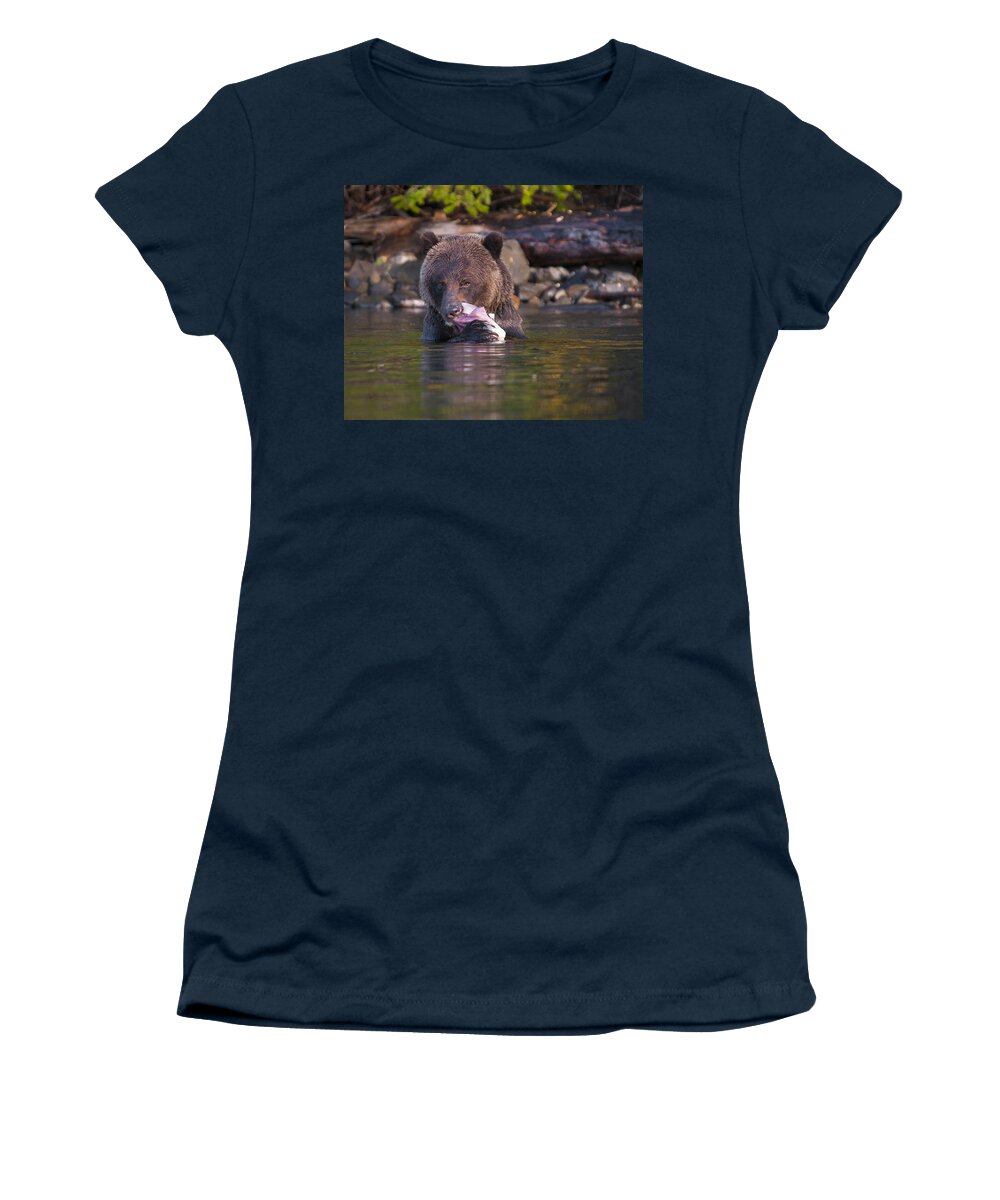 Grizzly Women's T-Shirt featuring the photograph Grizzly and Salmon by Bill Cubitt