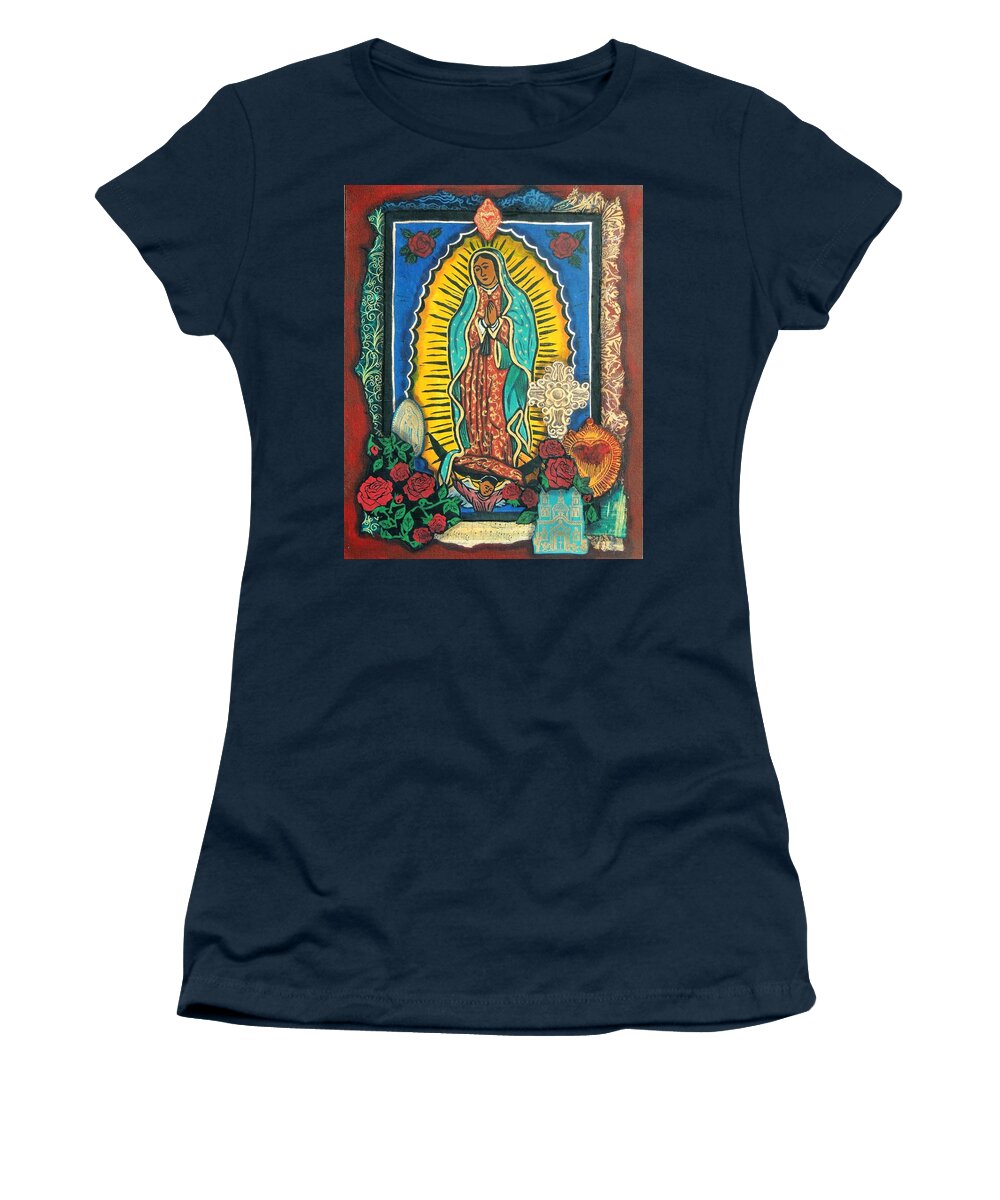 Collage Women's T-Shirt featuring the mixed media Guadalupe Collage in Red by Candy Mayer