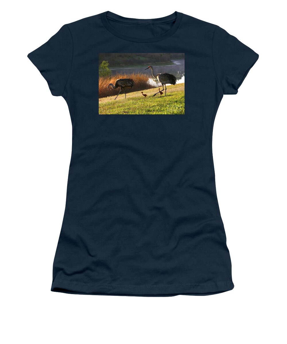 Sandhill Cranes Women's T-Shirt featuring the photograph Happy Sandhill Crane Family by Carol Groenen