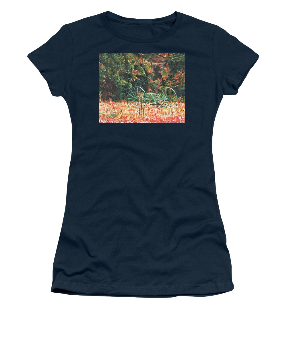 Farms Women's T-Shirt featuring the painting Hay Rake at Warren Woods by Cliff Wilson