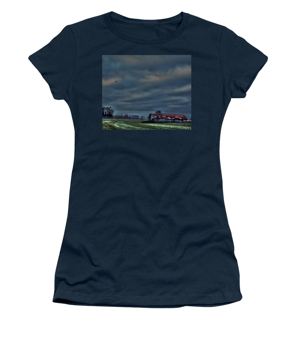 Hdr Print Women's T-Shirt featuring the photograph HDR Print Red Tattered Barn by Lesa Fine