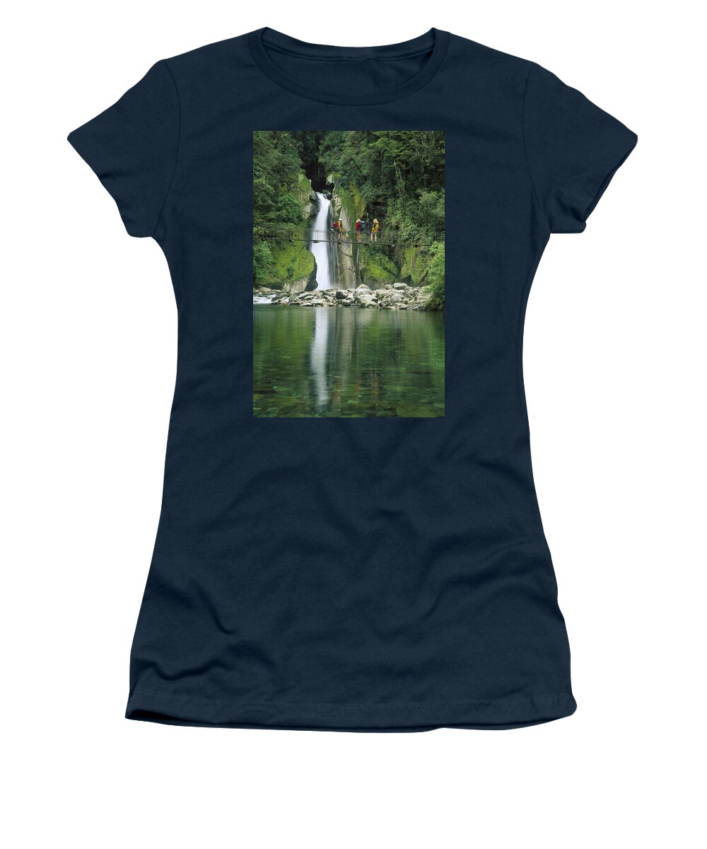 Feb0514 Women's T-Shirt featuring the photograph Hikers On Bridge Giants Gates Falls by Colin Monteath