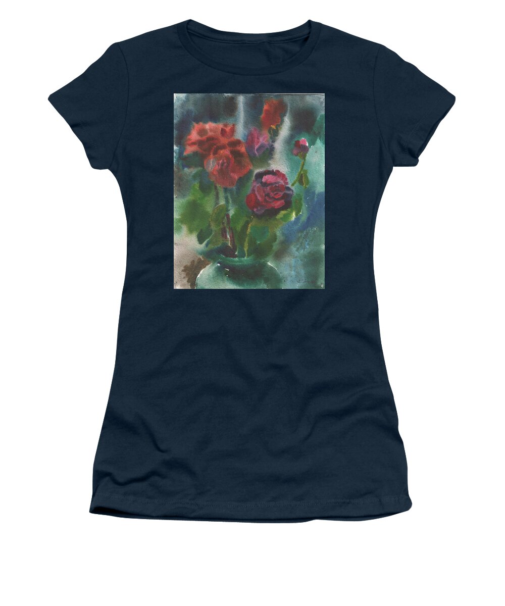 Roses Women's T-Shirt featuring the painting Holiday roses by Anna Lobovikov-Katz