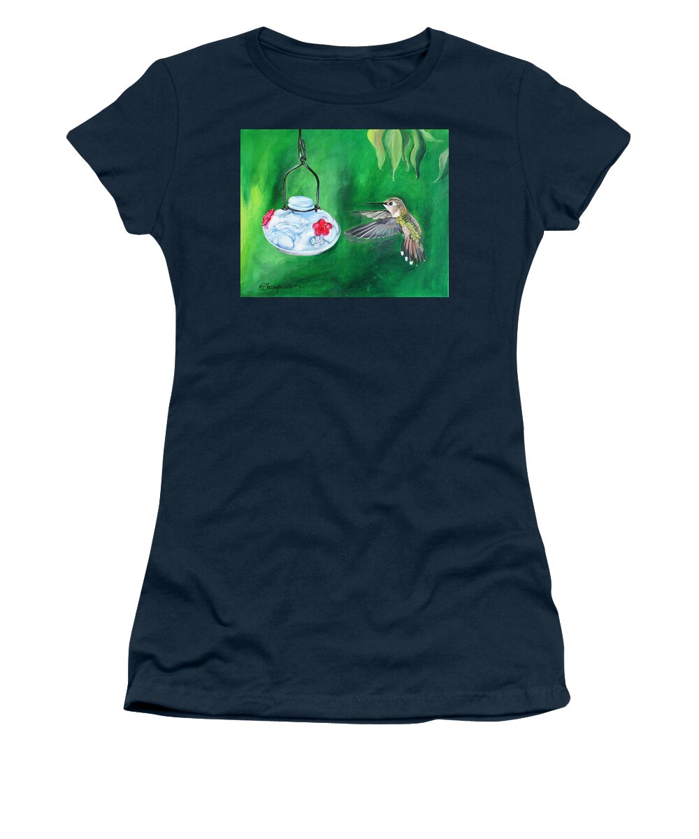 Hummingbird Women's T-Shirt featuring the painting Hummingbird and The Feeder by Shelley Overton