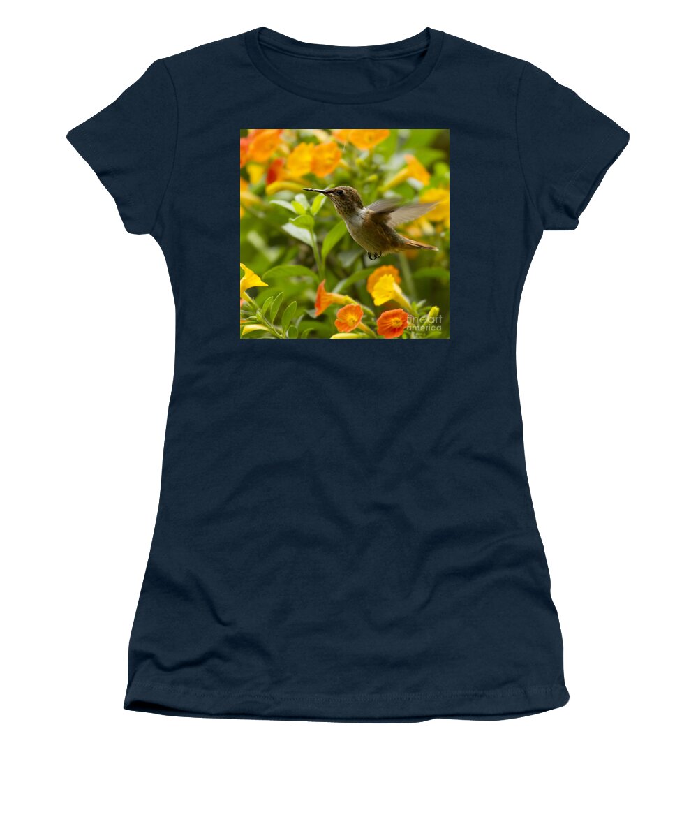 Bird Women's T-Shirt featuring the photograph Hummingbird looking for food by Heiko Koehrer-Wagner