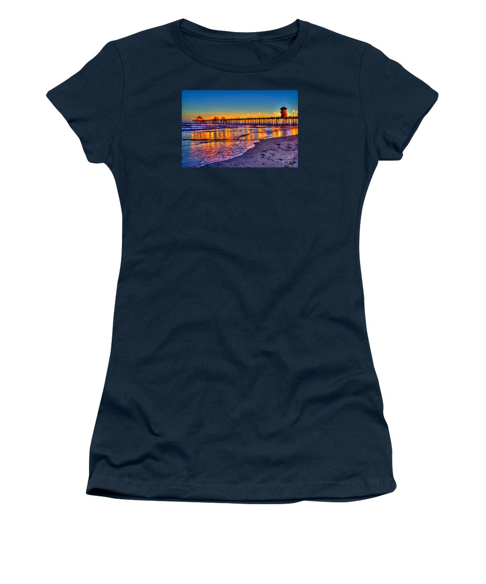 Huntington Beach Women's T-Shirt featuring the photograph Huntington Beach Pier Sundown by Jim Carrell