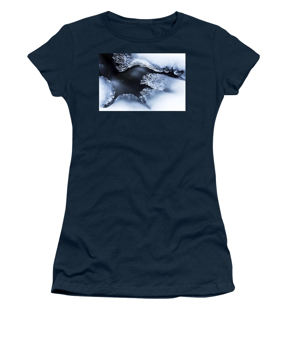 Heike Odermatt Women's T-Shirt featuring the photograph Ice Over Stream Bavarian Forest Germany by Heike Odermatt