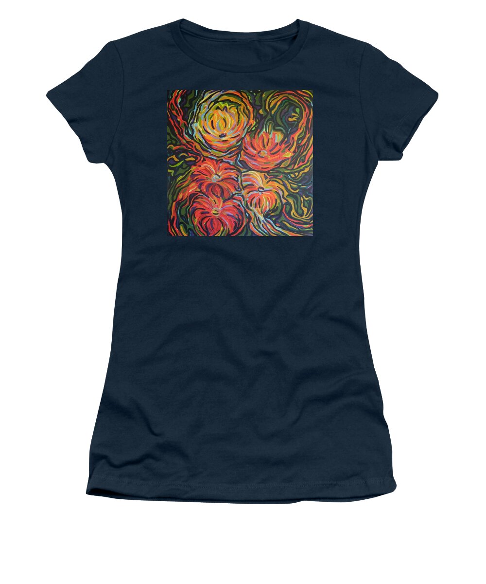 Zinnias Women's T-Shirt featuring the painting In full bloom by Zofia Kijak