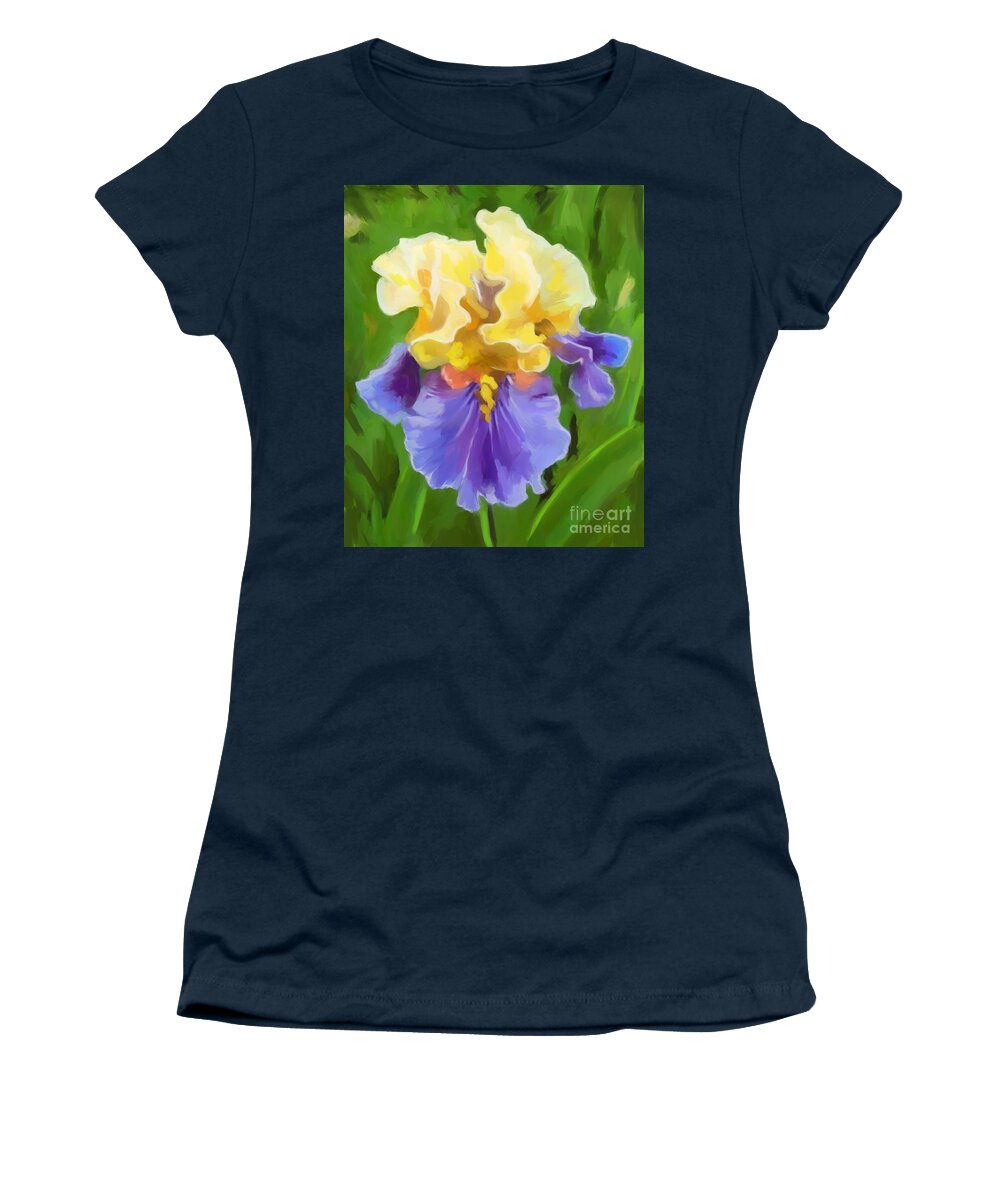Iris Yellow And Purple Women's T-Shirt featuring the painting Iris-Yellow And Purple by Tim Gilliland