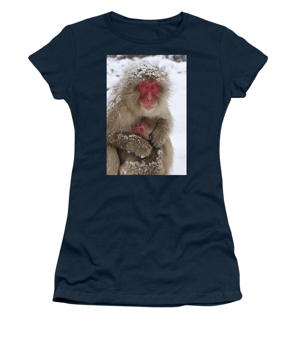 Thomas Marent Women's T-Shirt featuring the photograph Japanese Macaque Warming Baby by Thomas Marent