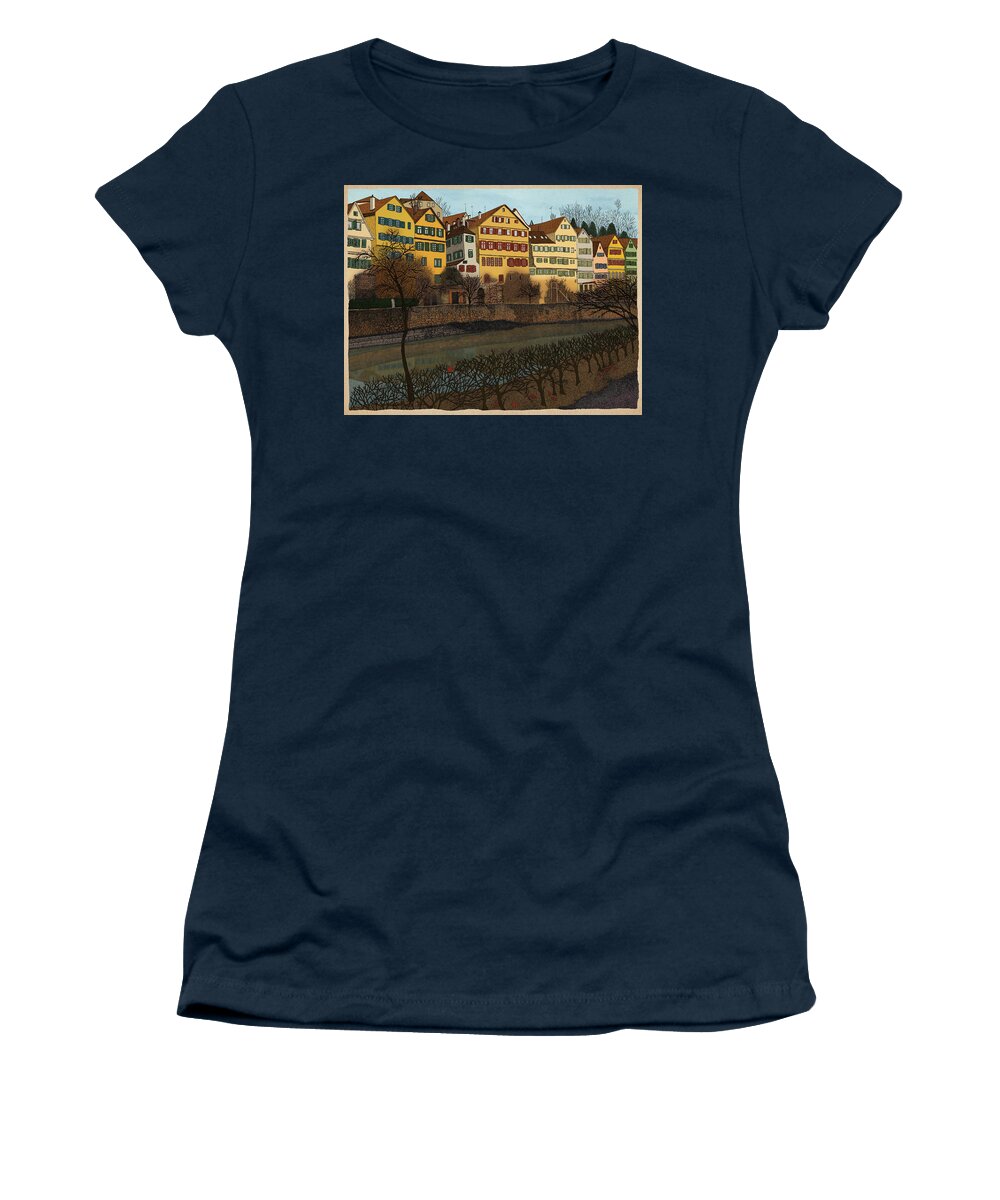 Architecture River Houses Neckar T�bingen Germany Women's T-Shirt featuring the drawing Judith's Walk by Meg Shearer