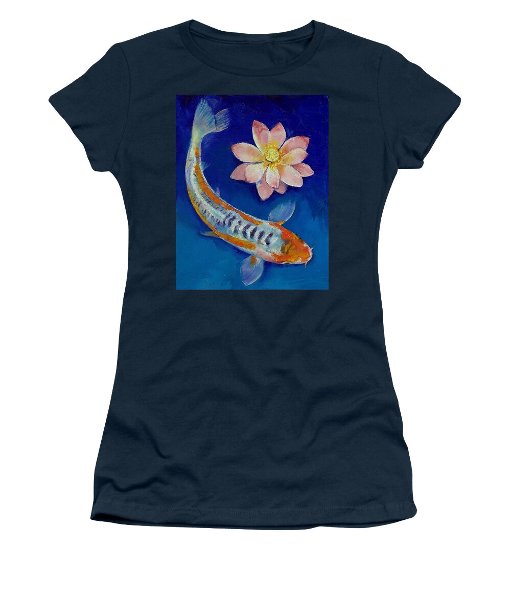 Lotus Women's T-Shirt featuring the painting Koi Fish and Lotus by Michael Creese