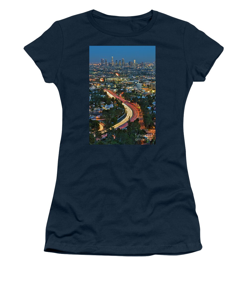 La Skyline Women's T-Shirt featuring the photograph LA Skyline Night Magic Hour dusk streaking tail lights Freeway by David Zanzinger