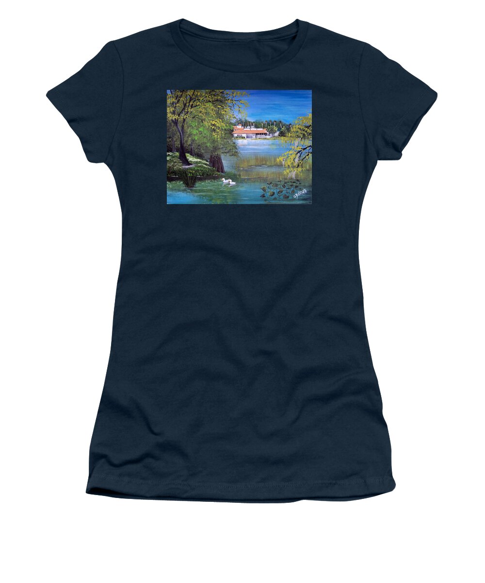 Lake Hollingsworth Women's T-Shirt featuring the painting Lake Hollingsworth Landscape by Gloria E Barreto-Rodriguez