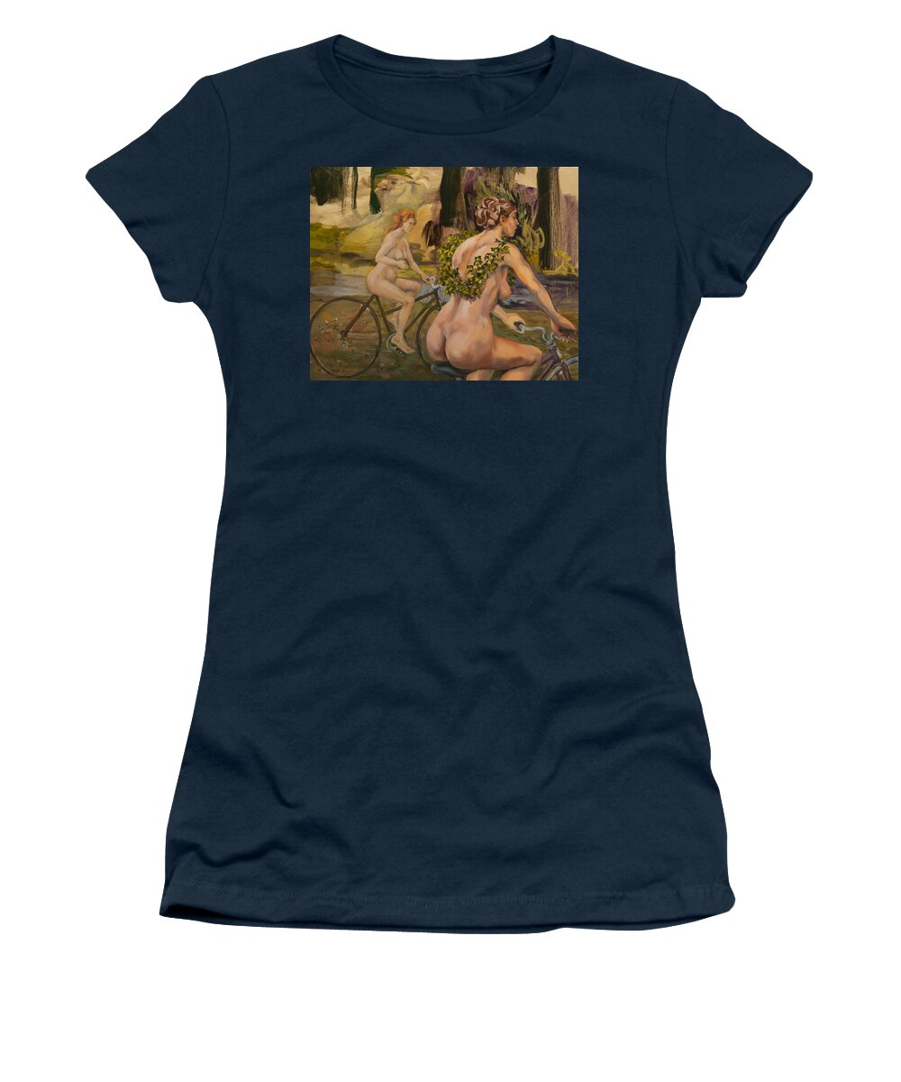 Lake Women's T-Shirt featuring the painting Lakeside girls on a naked ride by Peregrine Roskilly