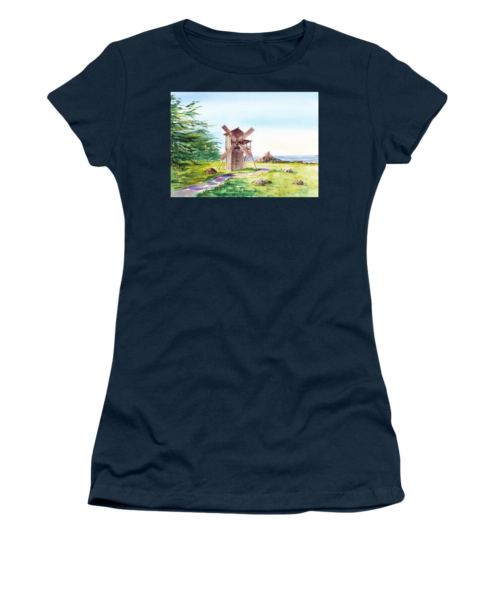 Landscape Women's T-Shirt featuring the painting Landscapes Of California Fort Ross Windmill by Irina Sztukowski