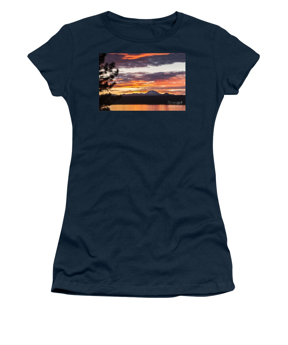 Lassen Peak Women's T-Shirt featuring the photograph Lassen Peak lake sunset by Ken Brown