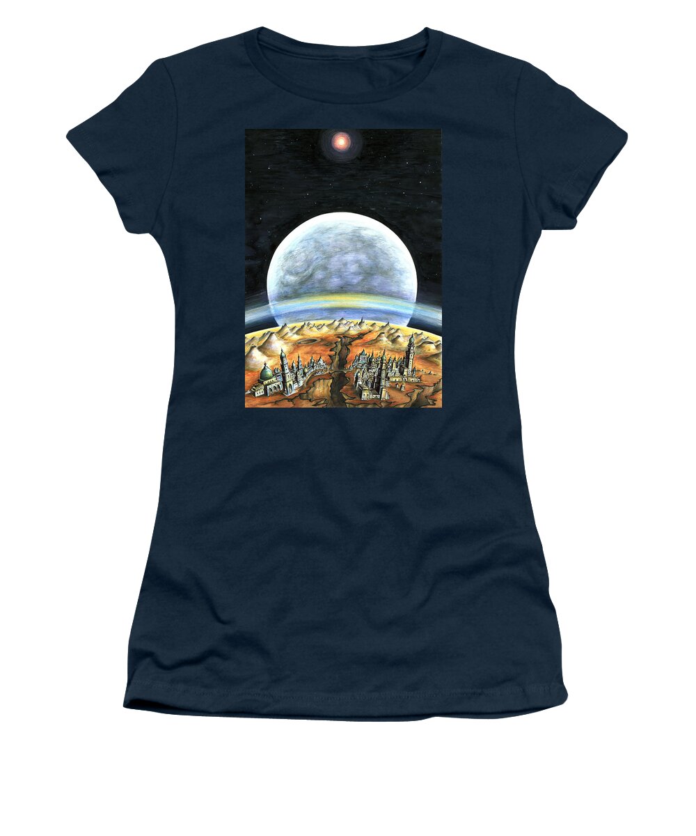 Space+art Women's T-Shirt featuring the painting Life on Mars 2299 - Space Art Painting by Peter Potter