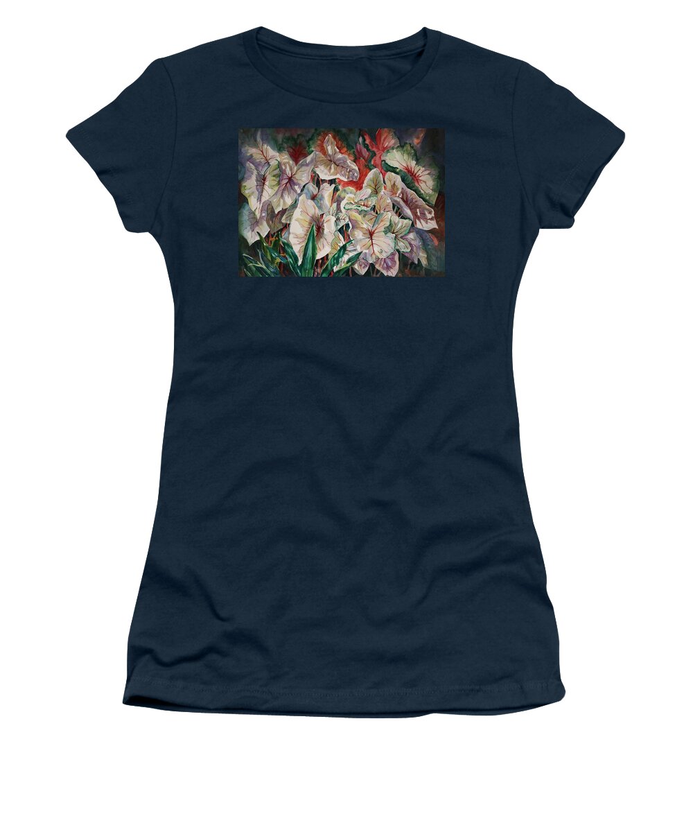 Caladium Women's T-Shirt featuring the painting Light Play Caladiums by Roxanne Tobaison