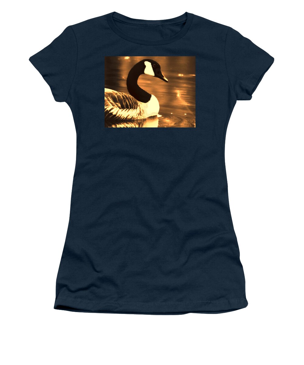 Canadian Goose Women's T-Shirt featuring the photograph Lila Goose the Pond Queen Sepia by Lesa Fine