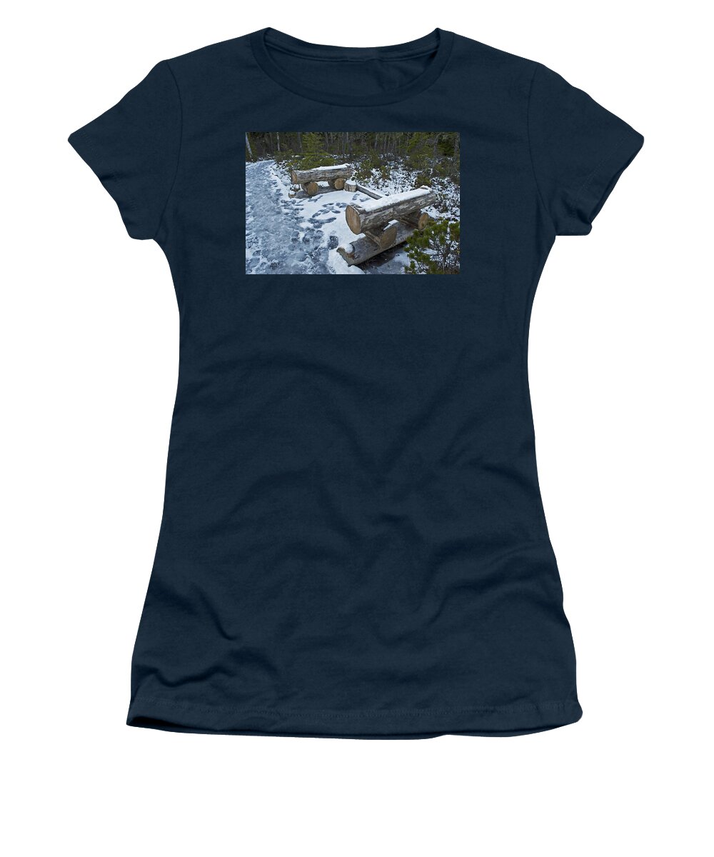 Trail Women's T-Shirt featuring the photograph Lincoln Log Benches by Cathy Mahnke