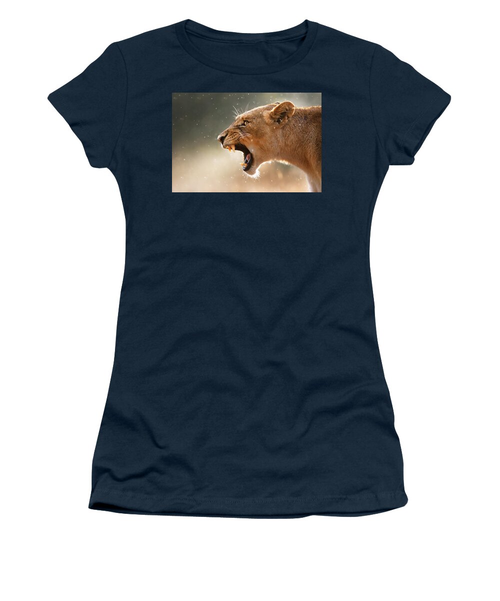 #faatoppicks Women's T-Shirt featuring the photograph Lioness displaying dangerous teeth in a rainstorm by Johan Swanepoel
