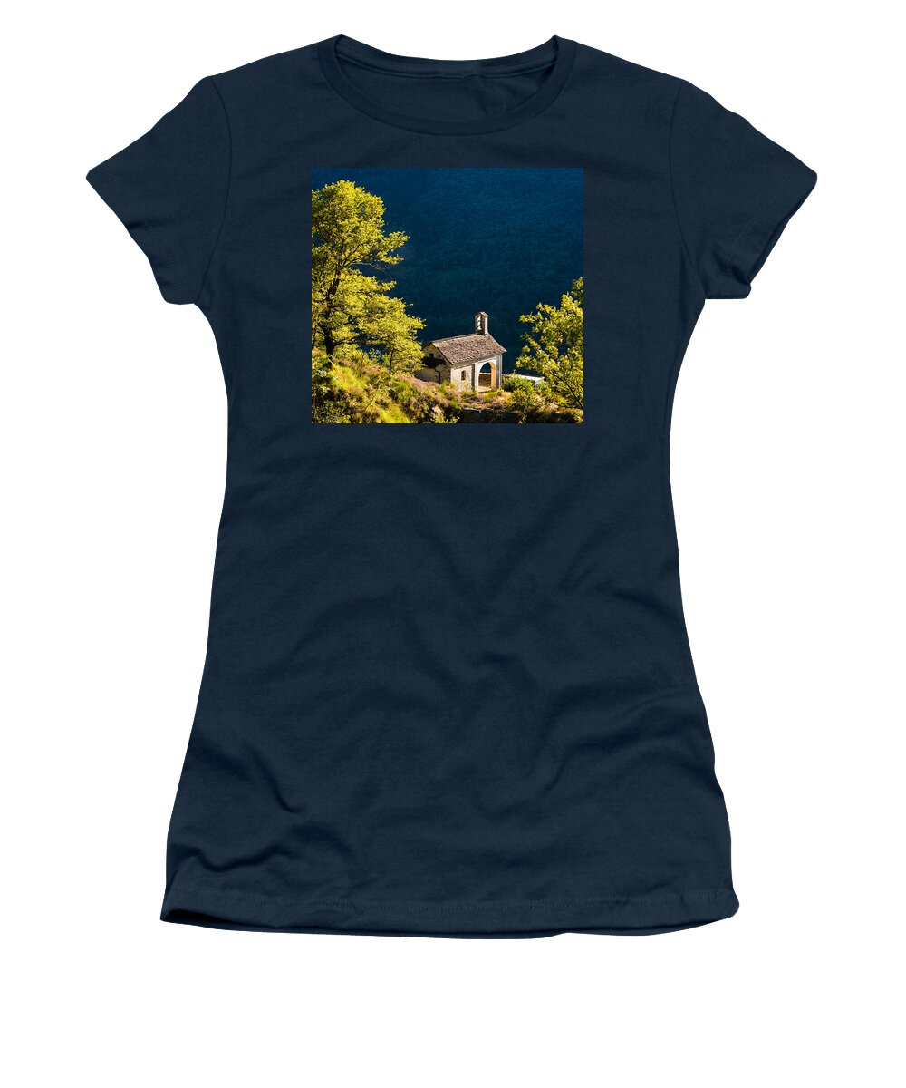Chapel Women's T-Shirt featuring the photograph Little Chapel in Ticino with beautiful green trees by Matthias Hauser