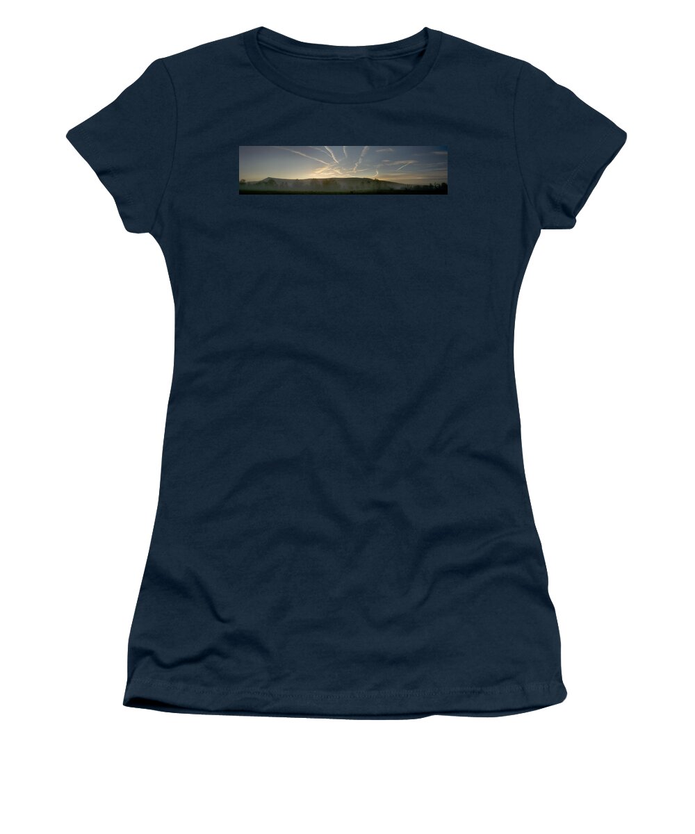 Digital Print Women's T-Shirt featuring the photograph Llangors panorama Wales Mists and vapour trails at dawn by Tony Mills