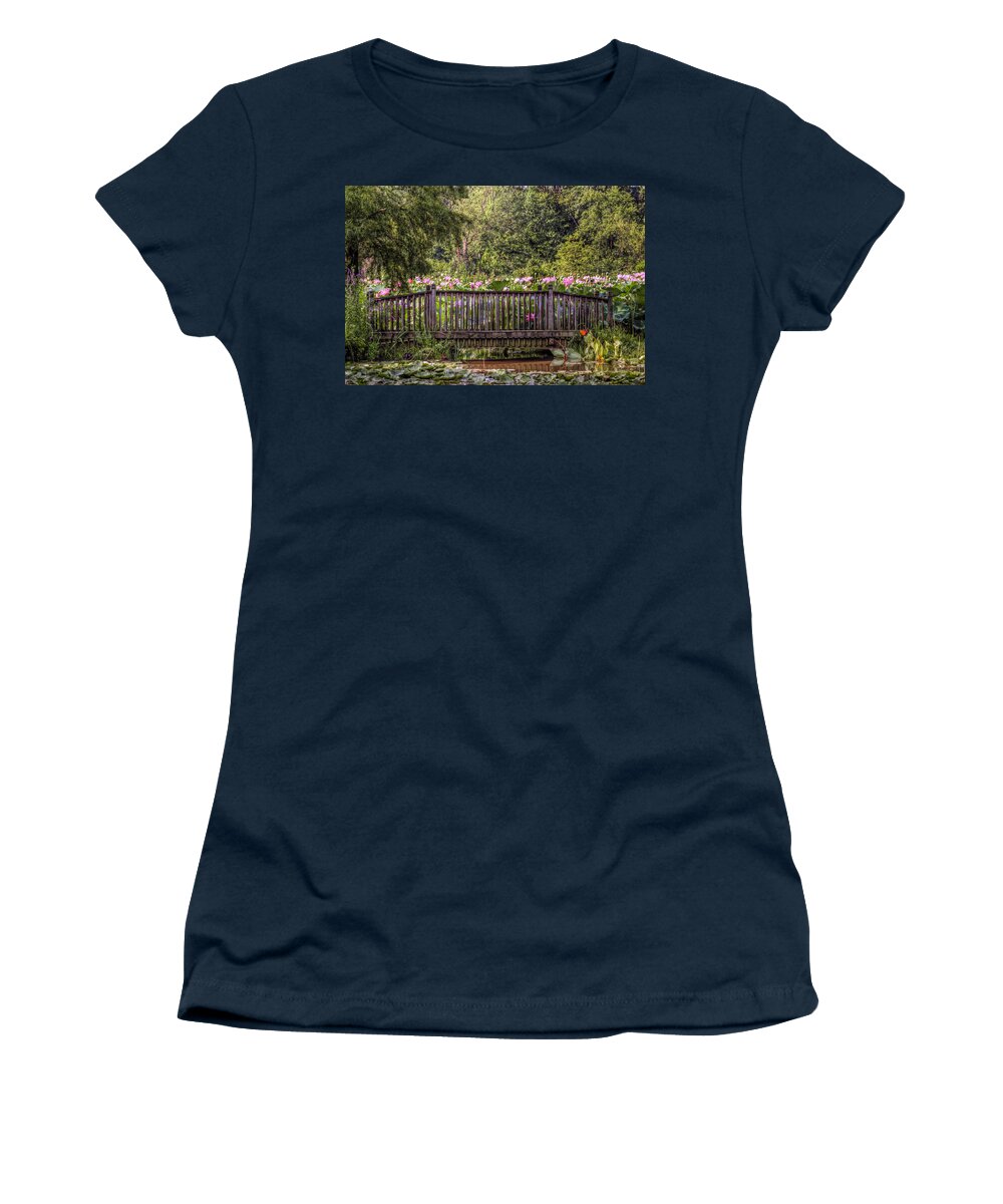 Kenilworth Women's T-Shirt featuring the photograph Lotus Garden Pond and Bridge by Jerry Gammon