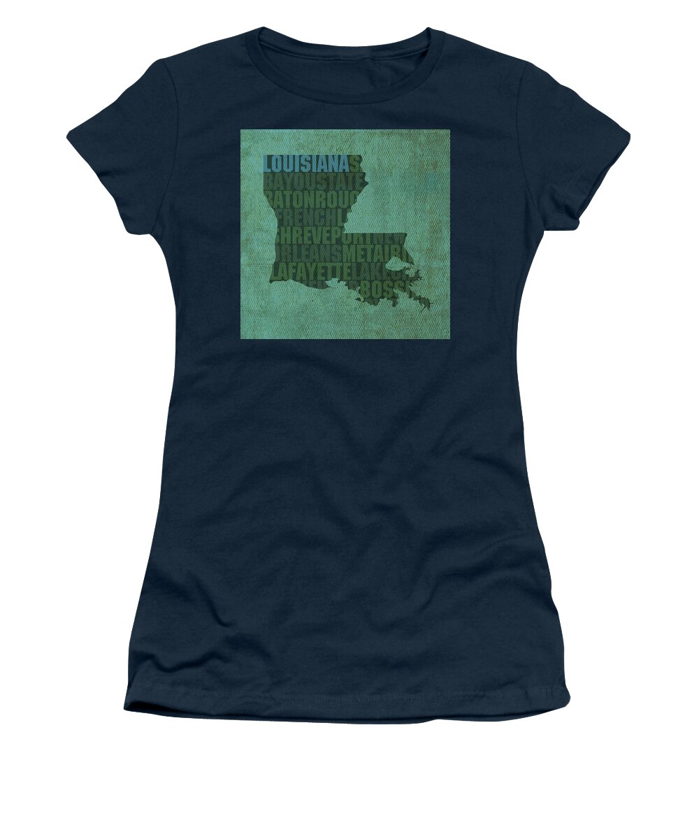 Louisiana Word Art State Map On Canvas Women's T-Shirt featuring the mixed media Louisiana Word Art State Map on Canvas by Design Turnpike