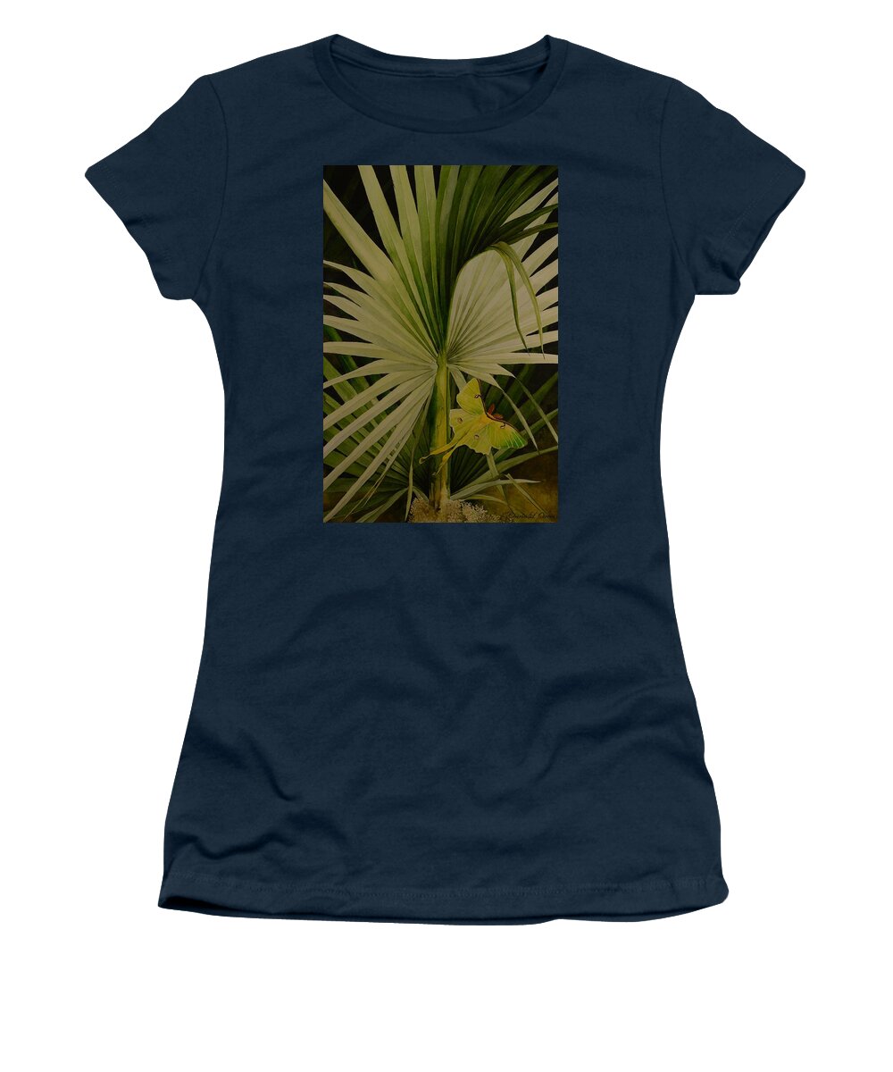 Watercolor Women's T-Shirt featuring the painting Luna Moth on Palm by Charles Owens
