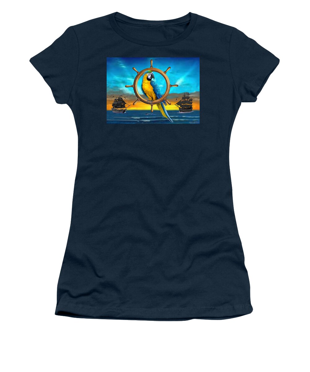 Blue And Yellow Macaw Parrot Women's T-Shirt featuring the digital art Macaw Pirate Parrot by Glenn Holbrook
