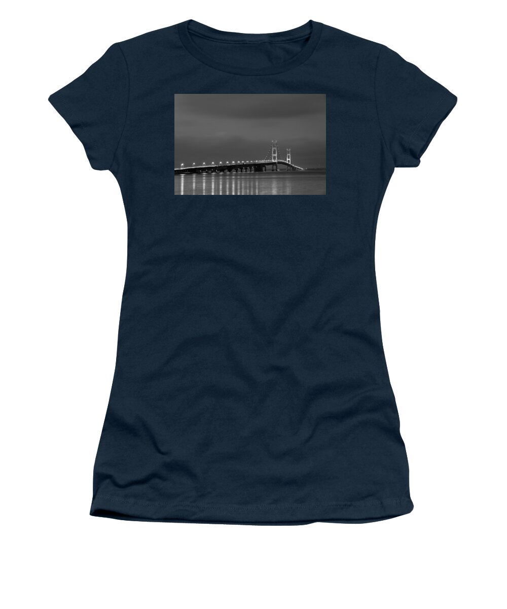 Dusk Women's T-Shirt featuring the photograph Mackinac Bridge Black and White by Sebastian Musial